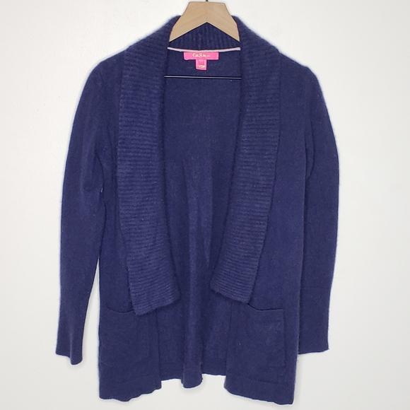 Lilly Pulitzer Sweater Open Cardigan Small Navy Blue Cashmere Norwood Pockets - Picture 2 of 16
